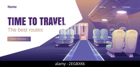 Time to travel banner. Concept of airline journey with best routes for vacation. Vector landing page with cartoon luxury interior of business class plane cabin with comfortable seats Stock Vector