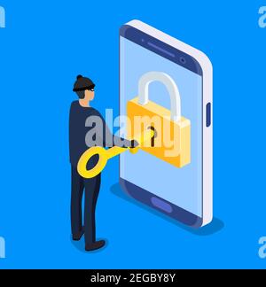 thief or hacker use key to hack Stock Vector