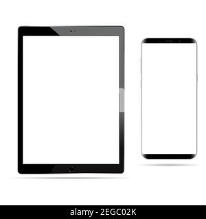 Tablet vector mockup black white screen isolated. Smartphone mockup, digital cell phone template on white background, realistic touch technology desig Stock Vector
