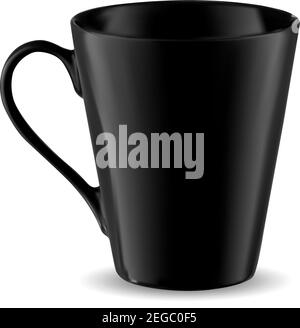 Cup Mockup. Black Mug Template Isolated. Coffee or Tea Porcelain. Classic Office Label or Brand Presentation isolated on White Background. Teacup Mock Stock Vector