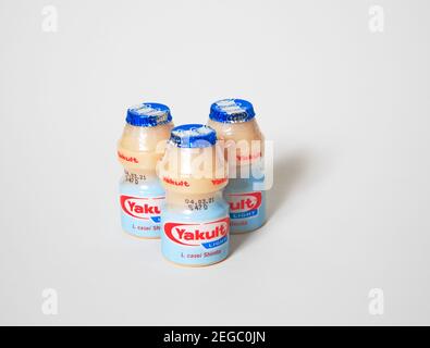 65ml bottles of Yakult Light nonfat probiotic drink for healthy eating and aiding digestion. Stock Photo