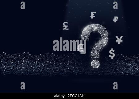 digital low poly question marks holographic interface and currency of different countries and digital line on dark blue background with shine Stock Photo