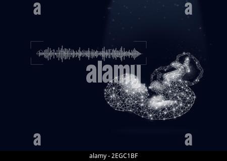 Hologram Ultrasound image of baby in mother's womb with sound wave on dark blue background. Genetic analysis, pregnancy planning. Stock Photo