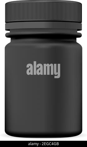 Realistic plastic bottle. Black 3d Vector illustration. Mock Up Template set of medicine package for pill, capsule, drug. Stock Vector