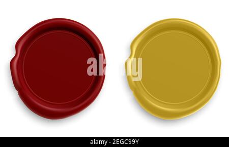 Wax stamp. Realistic round red and gold seal illustration for letter mark. Circle design envelope stamper mockup. Royal postage for warranty sertifica Stock Vector