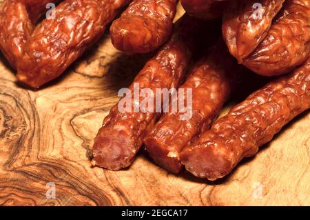 Kabanossi (cabanossi / kabana) Polish dry, smoky-flavoured pork sausage Stock Photo