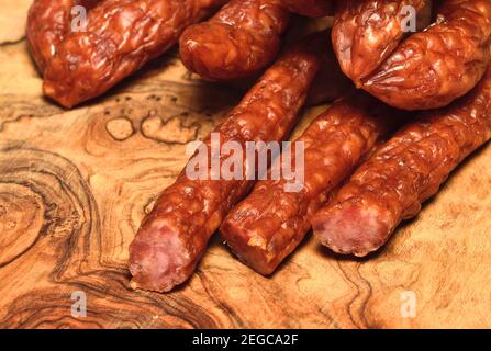 Kabanossi (cabanossi / kabana) Polish dry, smoky-flavoured pork sausage Stock Photo