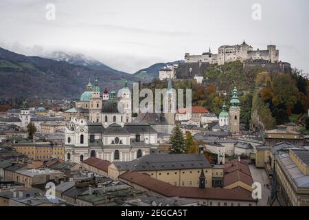 Aerial view of Salzburg old town and Hohensalzburg Fortress - Salzburg, Austria Stock Photo