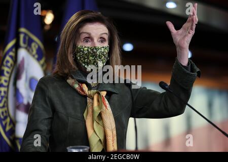 Bethesda, USA. 18th Feb, 2021. Speaker of the House Nancy Pelosi (D-CA) speaks during a press conference at the U.S. Capitol on Thursday, February 18, 2021, in Washington, DC. (Photo by Oliver Contreras/Sipa USA) Credit: Sipa USA/Alamy Live News Stock Photo