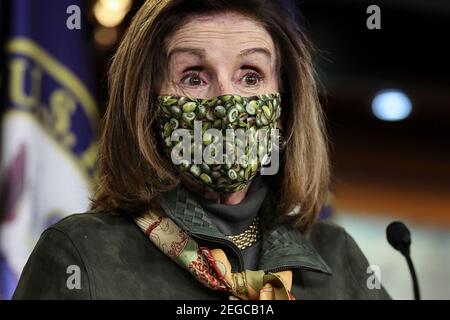 Bethesda, USA. 18th Feb, 2021. Speaker of the House Nancy Pelosi (D-CA) speaks during a press conference at the U.S. Capitol on Thursday, February 18, 2021, in Washington, DC. (Photo by Oliver Contreras/Sipa USA) Credit: Sipa USA/Alamy Live News Stock Photo