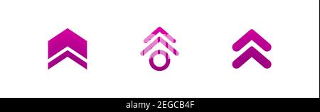 three purple arrows up icon. swipe up buttons set. Isolated on white. Upload icon. Upgrade, speed up sign. North pointing arrow. Stock Vector