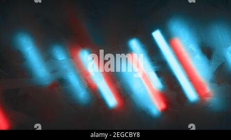 Abstract colorful background. View through frozen glass on diagonal oriented light bars. Light cyan and red light lines. Stock Photo