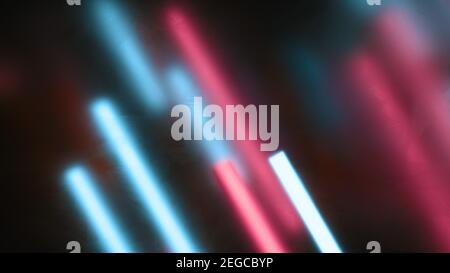 Abstract light bars background. Defocused vertical cyan and red neon light lines against dark burgundy red background. Stock Photo