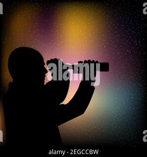 man looking at scope silhouette, stars observers. Stock Vector illustration isolated on white background. Stock Vector