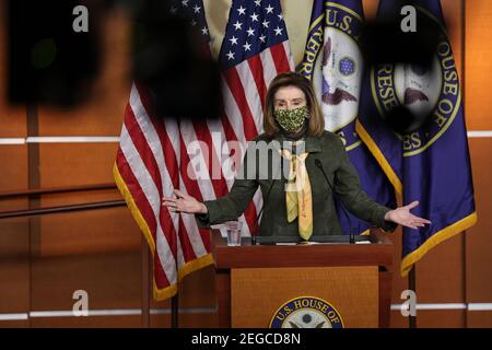 Bethesda, USA. 18th Feb, 2021. Speaker of the House Nancy Pelosi (D-CA) speaks during a press conference at the U.S. Capitol on Thursday, February 18, 2021, in Washington, DC. (Photo by Oliver Contreras/Sipa USA) Credit: Sipa USA/Alamy Live News Stock Photo