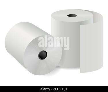 Cash register paper roll. 3d vector thermal cylinder. Fax ir calculator print tape illustration. Toilet paper for hygiene. Tissue payment cheque desig Stock Vector