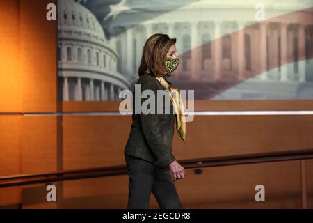 Bethesda, USA. 18th Feb, 2021. Speaker of the House Nancy Pelosi (D-CA) arrives for a press conference at the U.S. Capitol on Thursday, February 18, 2021, in Washington, DC. (Photo by Oliver Contreras/Sipa USA) Credit: Sipa USA/Alamy Live News Stock Photo