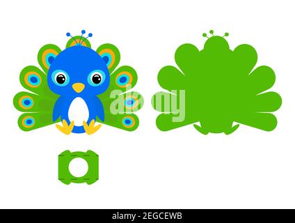 DIY cute peacock chocolate egg holder template. Retail paper box for the easter egg. Printable color scheme. Laser cutting vector template. Stock Vector
