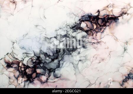 Alcohol ink waves background in subtle tones of blue, pink and teal. Pastel background with space for text. Stock Photo