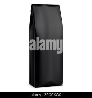 Black Coffee bag mockup.Foil package. 3d pouch mock up design template. Realistic powder beverage paper box. Gray tea sack. Dry drink packet. Snack or Stock Vector