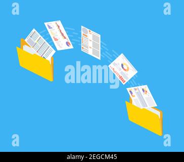 Files transfer. Documents management. Two folders transferred documents. Copy files, data exchange, backup, PC migration, file sharing concepts Stock Vector