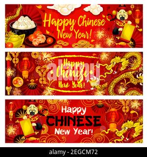 Happy Chinese New Year greeting banners design of traditional Chinese dragons and fireworks in clouds, golden coins on lucky knot ornament. Vector Chi Stock Vector