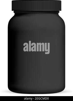Black Medicine Bottle. Supplement packaging. Plastic cosmetic jar with cap isolated on white. Vitamin tablet container. Nutrition tube for whey protei Stock Vector