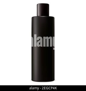 Black shampoo bottle. Cosmetic package vector blank mockup. Beauty lotion tube with shiny cap. Realistic plastic cylinder container. Tubular packaging Stock Vector