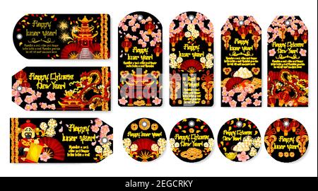 Happy Chinese lunar New Year greeting banners or wish tags of traditional Chinese dragons in cherry blossom flowers and gold sycee. Vector China holid Stock Vector