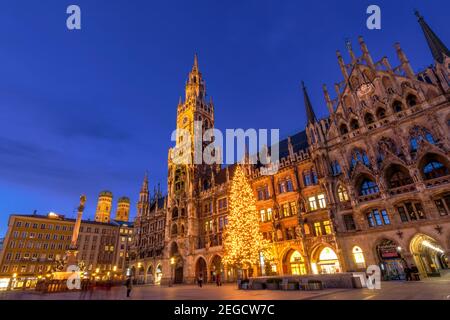 New town hall with illuminated Christmas tree , Marienplatz, Munich, Upper Bavaria, Bavaria, Germany, Europe