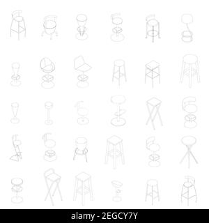 Set with many outlines of chairs and armchairs isolated on white background. Vector illustration. Stock Vector