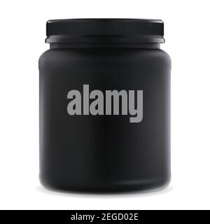 Black supplement jar. Protein sport 3d container. Bcaa amino acids can blank. Round bodybuilding creatine product package for muscle workout. Realisti Stock Vector