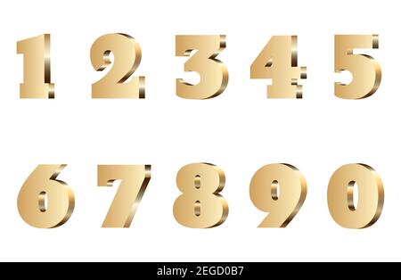 3d gold number set. Isolated golden metal text font. 1,2,3,4,5,6,7,8,9 typography symbol on background. Bright and shiny texture typeset. Sparkle type Stock Vector