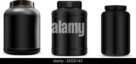 Protein Jar. Supplement Bottle Mockup. Plastic Nutrition Container for Energy Fitness Powder Isolated on White. Black Package for Whey Protein or Case Stock Vector