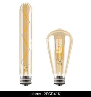 Edison bulb. Vintage lightbulb set. Electricity retro lamp illustration. Realistic transparent filament with bright yellow glow. Antique luminous deco Stock Vector