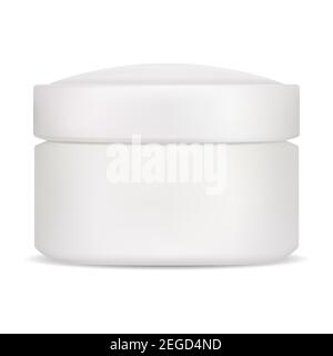 Cosmetic jar. Cream packaging blank isolated. Vector plastic pot front view. Scrub, lotion or butter container mockup template. Empty creme or powder Stock Vector