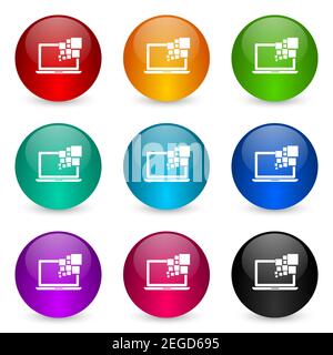 Laptop, notebook, computer icon set, colorful glossy 3d rendering ball buttons in 9 color options for webdesign and mobile applications Stock Photo