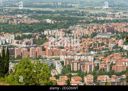 An aerial view of the new part of south west Bologna Italy showing apartment blocks houses and buildings. Stock Photo