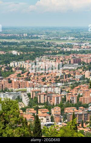 An aerial view of the new part of south west Bologna Italy showing apartment blocks houses and buildings. Stock Photo