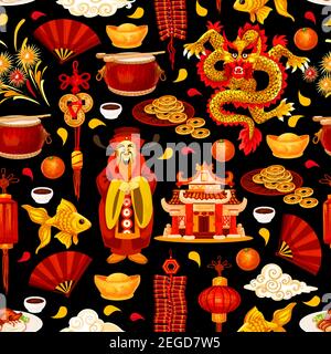 Chinese New Year holiday seamless pattern background. Spring Festival red lantern, oriental dragon and firecracker, god of wealth, lucky coin and pago Stock Vector