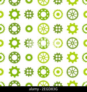 Seamless vector flat background with green gears on white background. eco friendly technology wallpaper. Technology pattern. Stock Vector