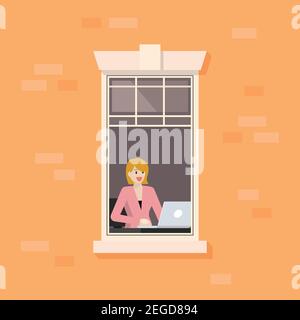 Apartment window with woman working on laptop. vector illustration. Stock Vector