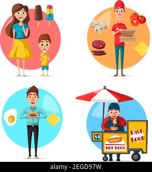 Food and people flat icons. Vector set of fast food burgers, pizza man and daily egg omelet meal or lunch, hot dog street food vendor and ice cream sw Stock Vector