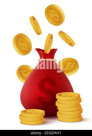 3d realistic red money bag and coins isolated on white background, vector Stock Vector