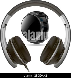 Headphone and Smart Watch Isolated on White Background. Black Vector Blank Set. Speaker Headset. Ear Music Audio. Dj Sound 3d Mockup. Realistic wrist Stock Vector