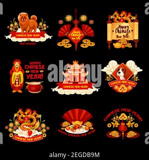 Happy Chinese New Year wishes on traditional China symbols of dragon, Emperor and red fan or paper lanterns and fireworks. Vector dog, Emperor scroll Stock Vector