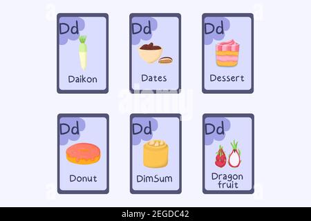 Colorful Phonics flashcard Letter D - daikon, dimsum, dates, dessert, donut, dragon fruit. Food themed ABC cards for teaching reading with foods, vegetables, fruits and nuts. Series of ABC. Stock Vector