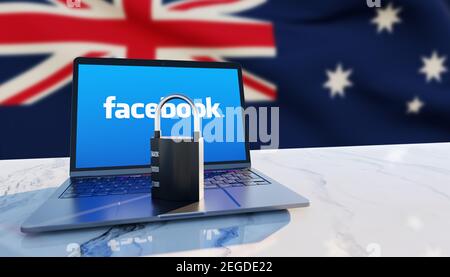 Guilherand-Granges, France - February 18, 2021. Notebook with Facebook logo, padlock and Australian flag in the background. American social media cong Stock Photo