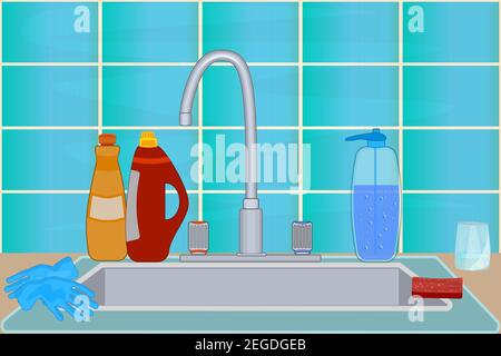 Kitchen sink with faucet, dish detergent, gloves and sponge. Cuisine with tile wall, sink and tap. Kitchen interior design.Stock vector illustration Stock Vector