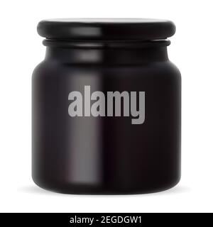 Black glass jar. Beauty cream packaging. Wax bottle. Face lotion container isolated on white background. Premium 3d bottle mockup with cover cap for b Stock Vector